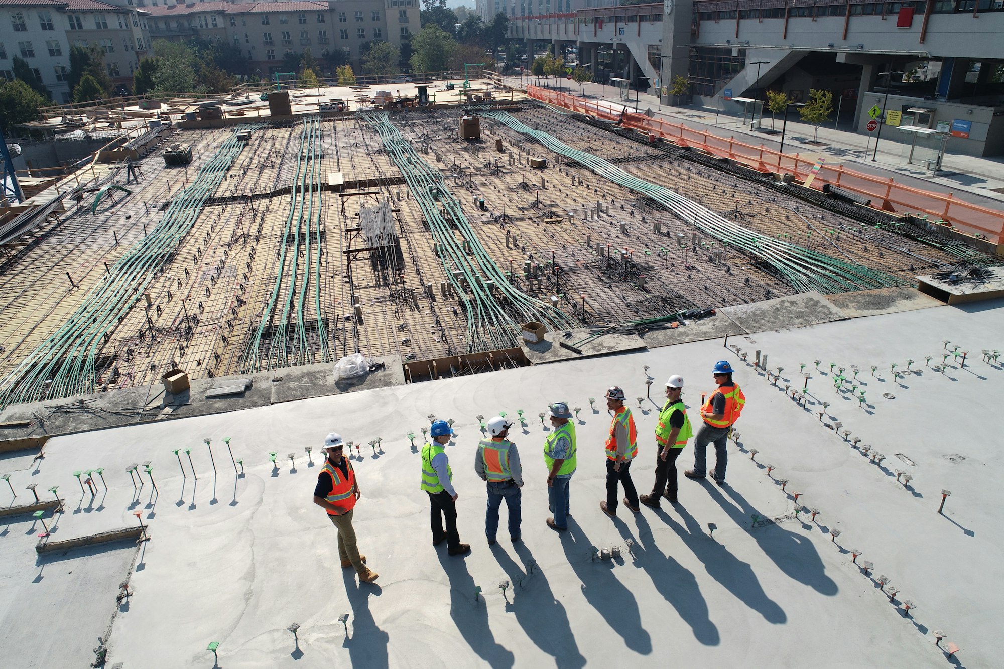 Aerial view of a foundation pour with the construction crew on site